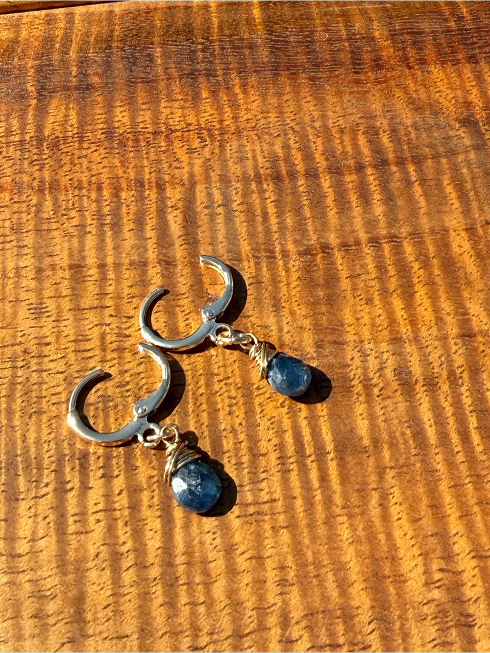 Hand Crafted Gold Hoops with Dark Blue Teardrop Gem Dangles